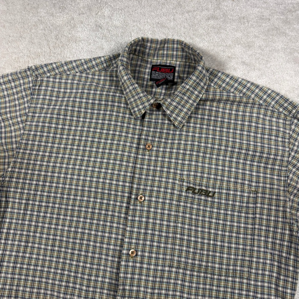 FUBU Button Down Shirt Mens Large Tan Blue Plaid Short Sleeve Vintage Streetwear